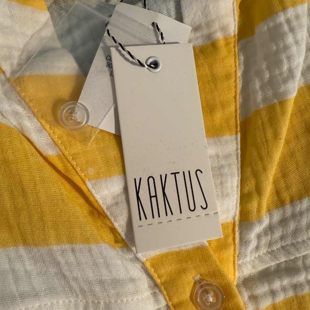 Kaktus Yellow & White Striped Roll Tab Sleeve Top Sz Med. - Picture 6 of 7